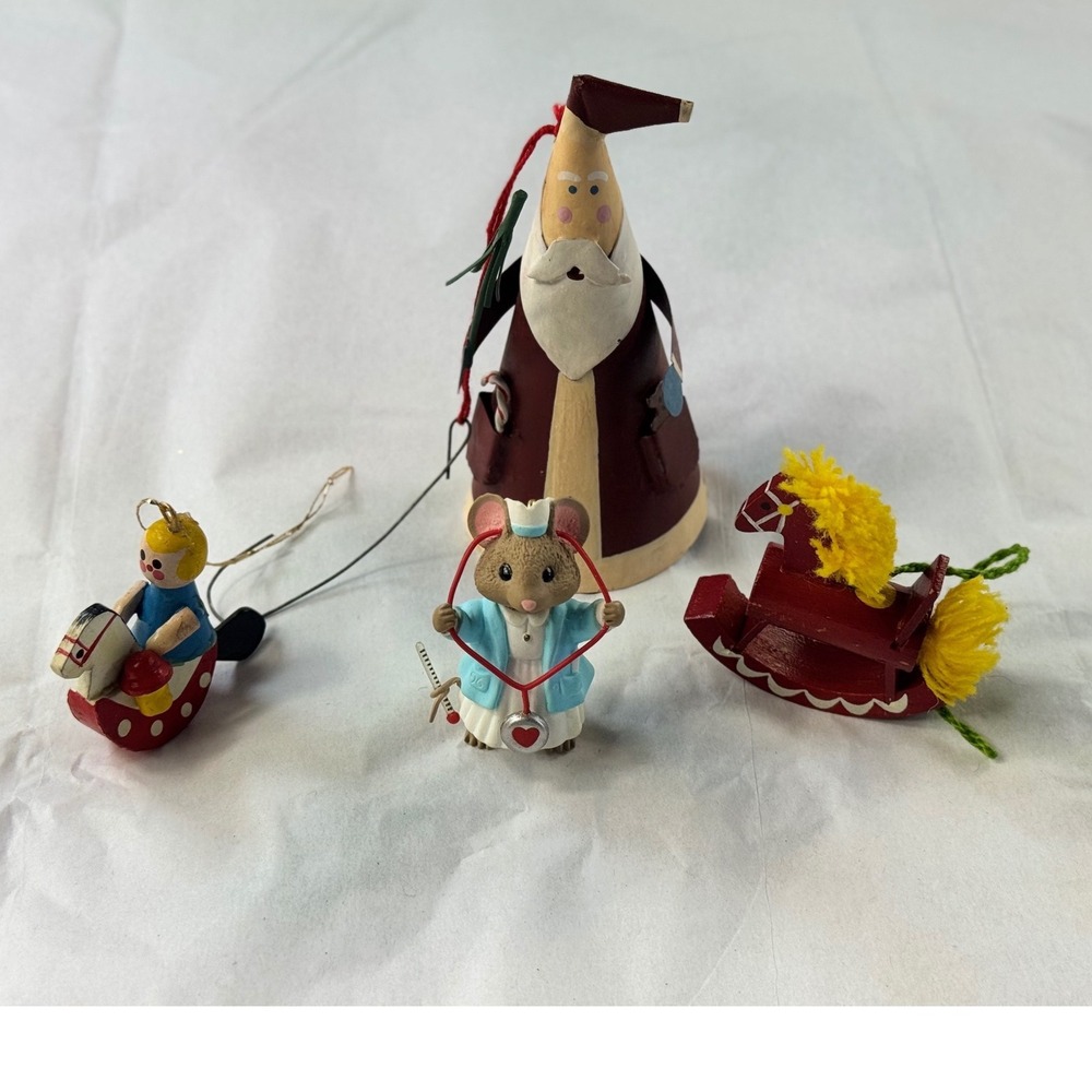 Vintage Christmas Ornament Lot Hallmark Nurse Mouse Metal Santa Wooden Horse